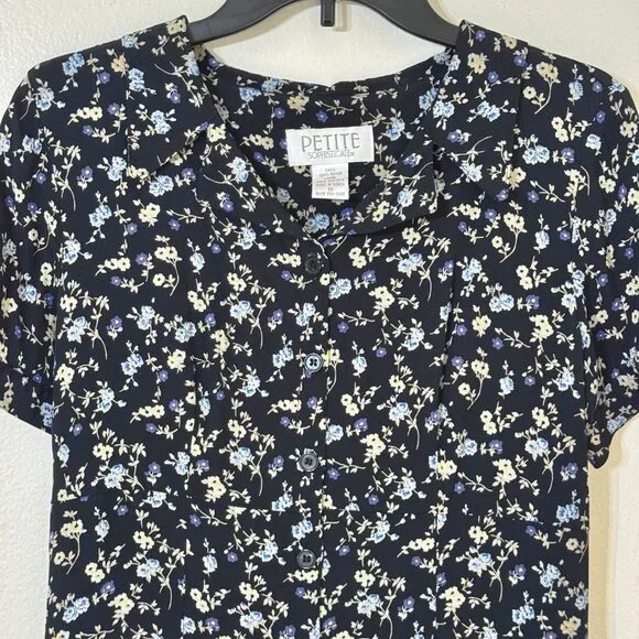 Vtg 90s Petite Sophisticate Button Front Rayon Dress Micro Floral Grunge - Picture 2 of 14